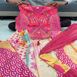 Premium Pure Chinon Handwork Wedding Suit Set with Printed Flared Skirt & Chiffon Dupatta